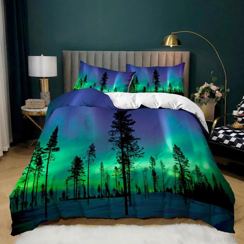 Aurora Borealis Polyester Bettbezug-Set Baum unter Magnetfeld der Natur mit Nordlichter-Landschaftsbild King Size