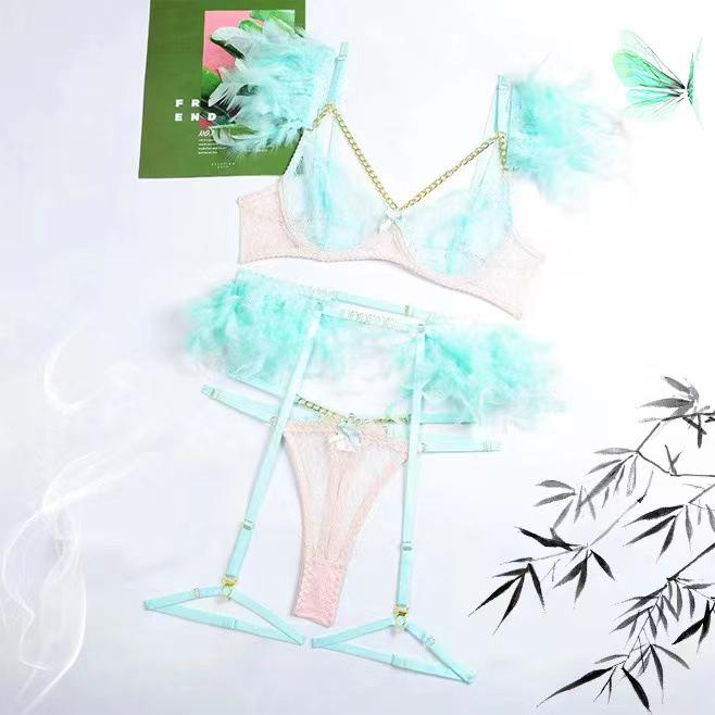 "Europe and America Trendy Sexy Feather Lace Chain Slimming Lingerie Set"