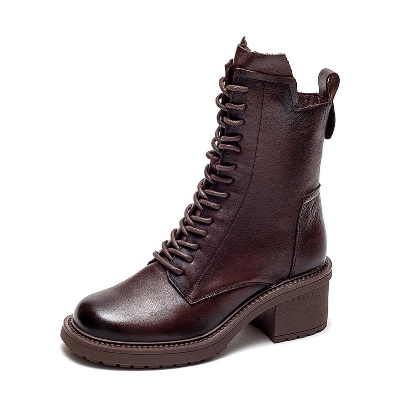 Winter Boots Genuine Leather Women Shoes Plush Warm Round Toe Handmade Zip Leisure Sewing Platform Boots