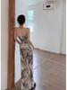 Spring/Summer V-Neck Off-Shoulder Chinese Ink Print Dress - Slim Fit, Backless, Hip-Hugging Long Dress