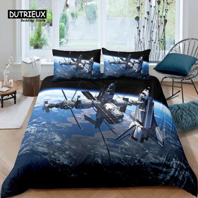 Set de lenjerie de pat Stație Spațială de Lux pentru Locuință, Husă de Plapapă Navă Spațială, Față de Pernă, Mărime Queen și King, Dimensiune EU/US/AU/UK, Lenjerie de Pat cu Plapapă