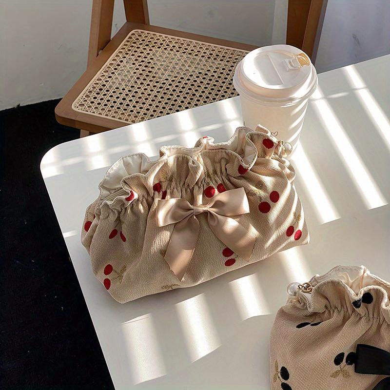 [Cherry Makeup Bag] Large Capacity Cherry Pattern Corduroy 1pc Makeup Bag for Women | Polyester Travel Cosmetic Pouch with Bow Detail