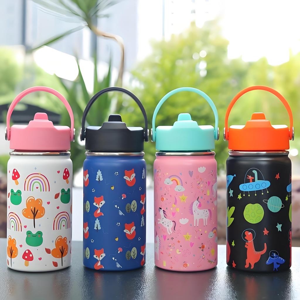 12Oz Kids Water Bottle Cartoon Animal Children'S Cup With Straw Stainless Steel Vacuum Flacks Thermos Bottle Thermal Mug Cups