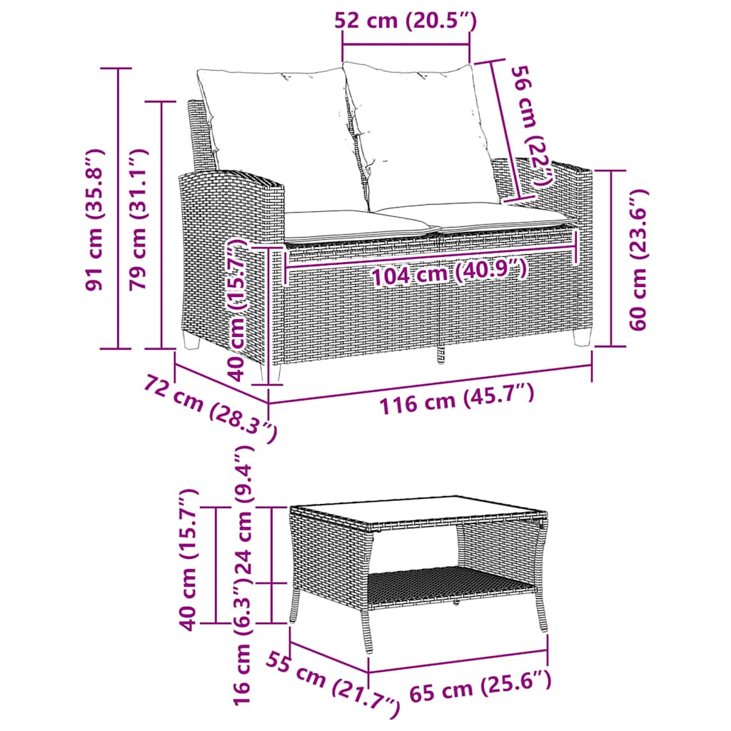 2 Seater Garden Sofa with Cushions & Table Grey Poly Rattan