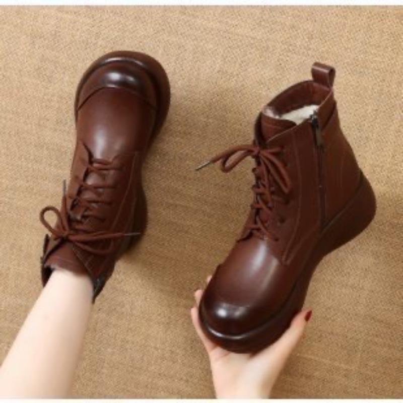 Women's Retro Chunky Sole Martin Boots Soft Leather Lace Up Ankle Boots with Buckle,Plush Lined for Autumn Winter,Round Toe Platform Booties