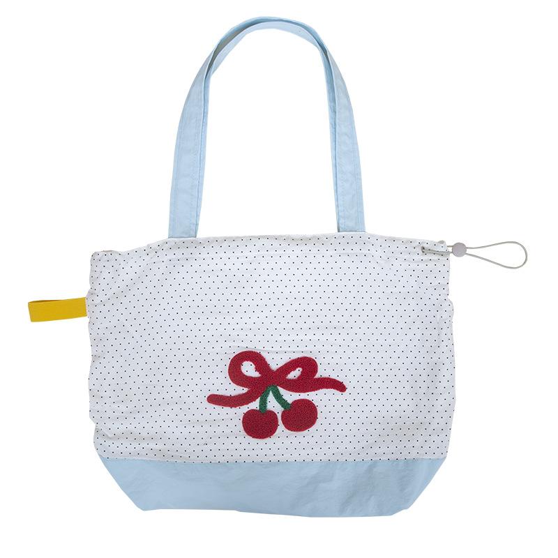Embroidery Cherry Women's Shoulder Bag Retro Dot Female Drawstring Handbags Large Capacity Ladies Foldable Tote Shopping Bags