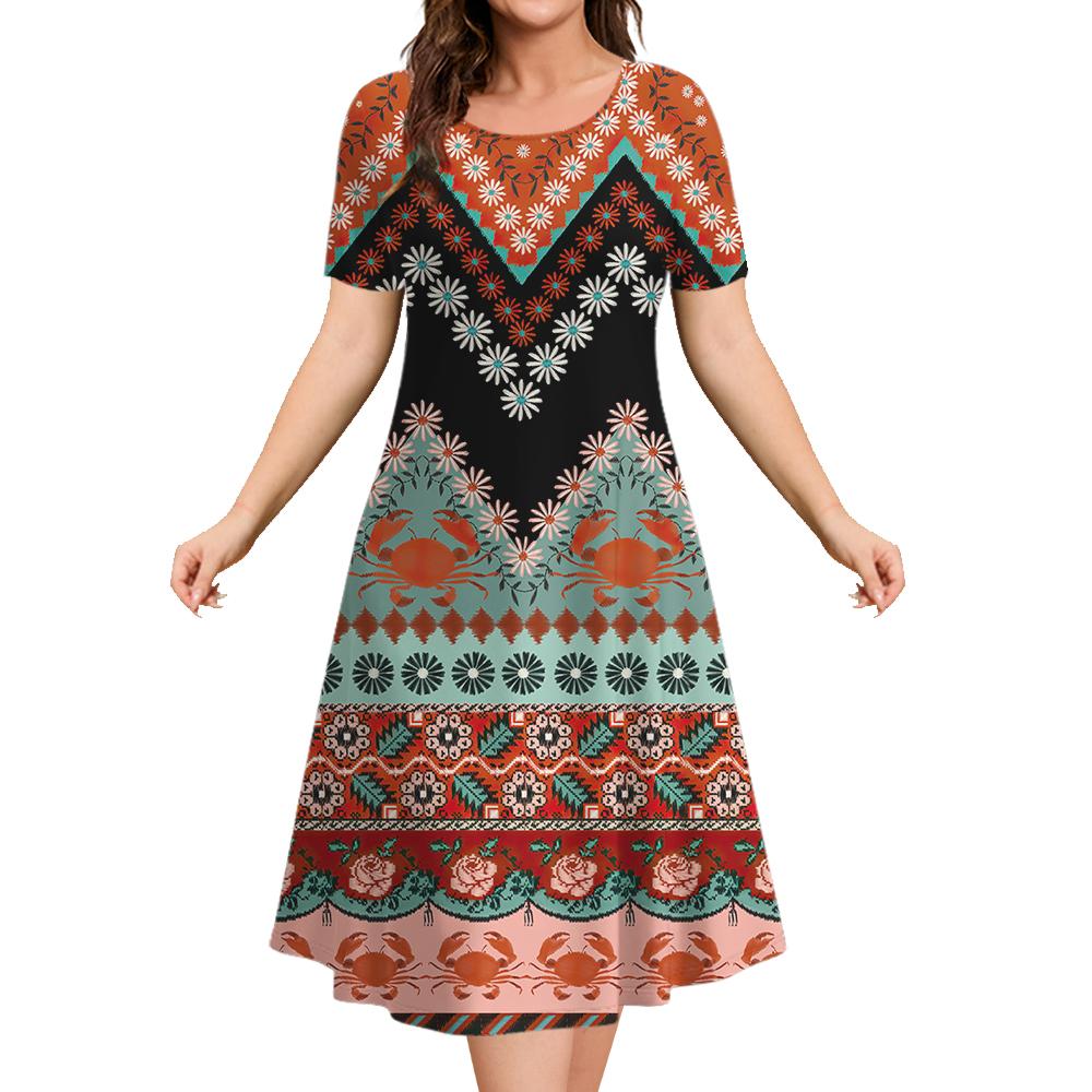 Ethnic Style Women's A-line Skirt Summer Fashion Casual Dress Flower Clothes Ladies Loose Casual Round Neck Dress