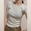 American bm sweet and spicy wind straight shoulder short-sleeved t-shirt women's design sense contrasting color striped slim bottom summer versatile