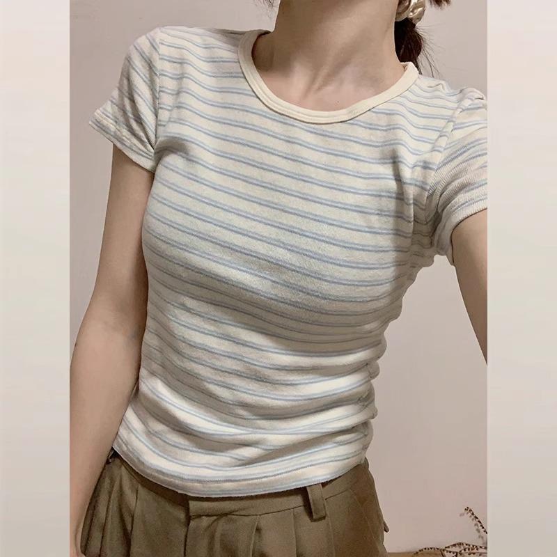 American bm sweet and spicy wind straight shoulder short-sleeved t-shirt women's design sense contrasting color striped slim bottom summer versatile
