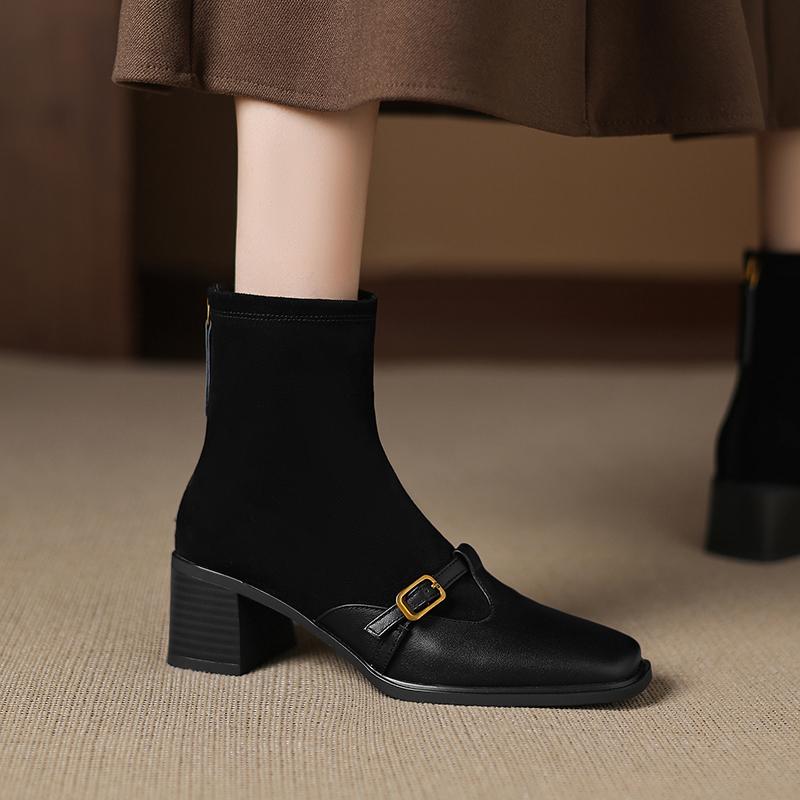 Fashion 2025 NEW Autumn Women Boots genuine leather Women Shoes Square Toe Chunky Heel Slip-on Belt Buckle Western Boots Daily Shoes