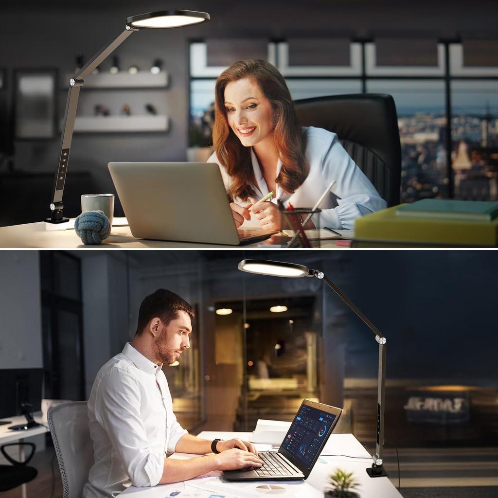 Led Desk Lamps for Home Office, Eye-Care Architect Light with Clamp, Dimmable Zoom Lighting with 3 Color Modes & 10 Brightness, Smart Computer Ring