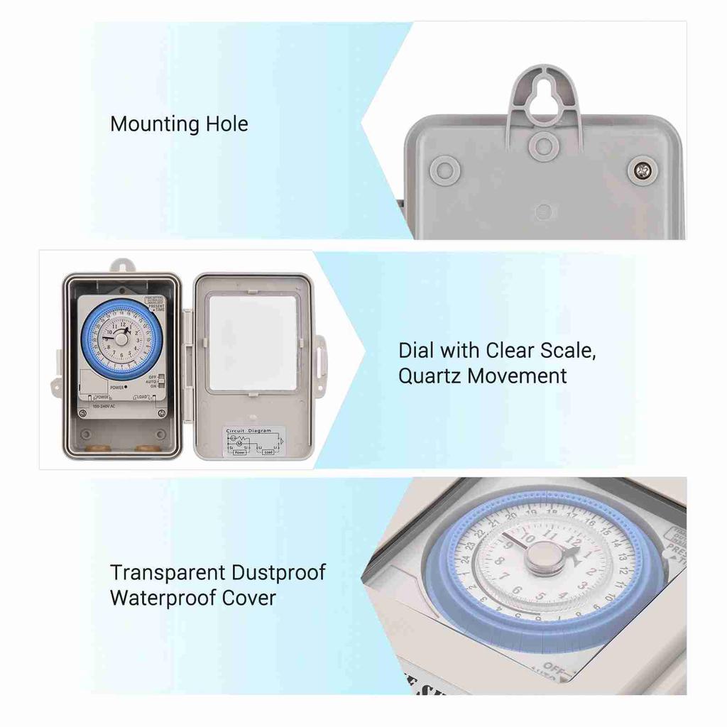 Mechanical 24 Hours Timer Switch IP53 Programmable Electrical Timer Switch Box AC 100-240V 15 Minutes Interval 96 Times ON/ OFF3