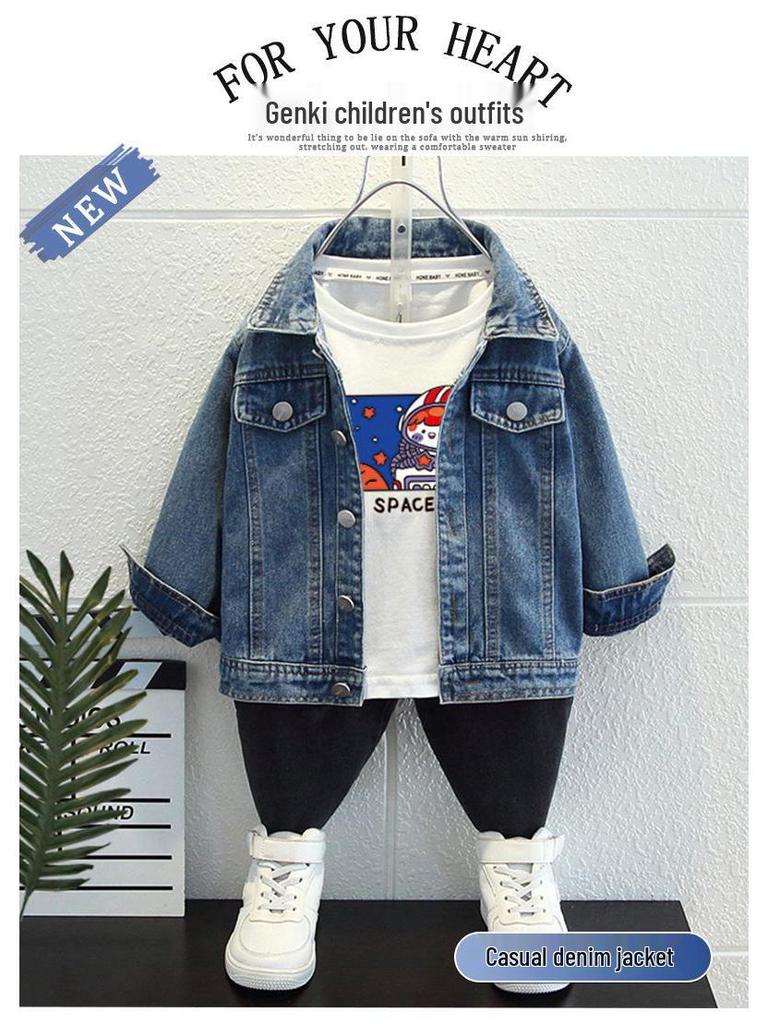 K-pop Monster Hunter Girls' Denim Jacket - Spring/Autumn Trendy Lapel for Medium/Large Kids