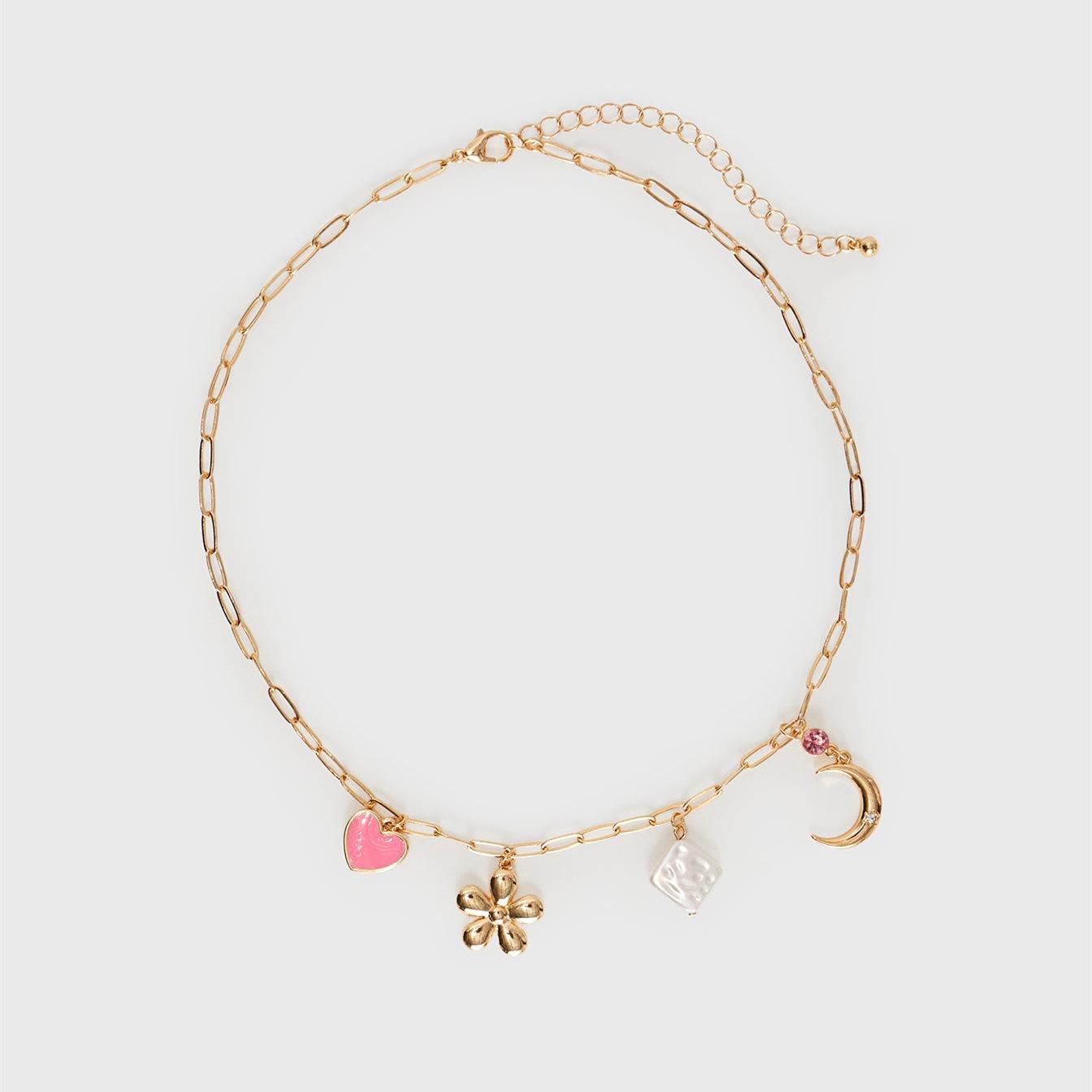 Gold-Plated Pearl Heart Necklace with Moon and Flower Pendant