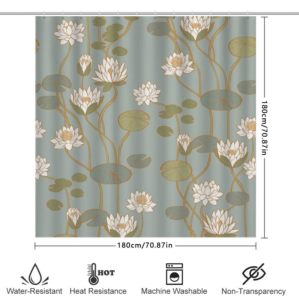 Delicate Floral Print Shower Curtain Elegant Green Gold Water Lily Design For Bathroom Decor Waterproof Fabric With Hook Rings S