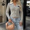 TIFICY Bluzki i koszule damskie w stylu casual, wiosna, jesień, paski, długi rękaw, dekolt POLO