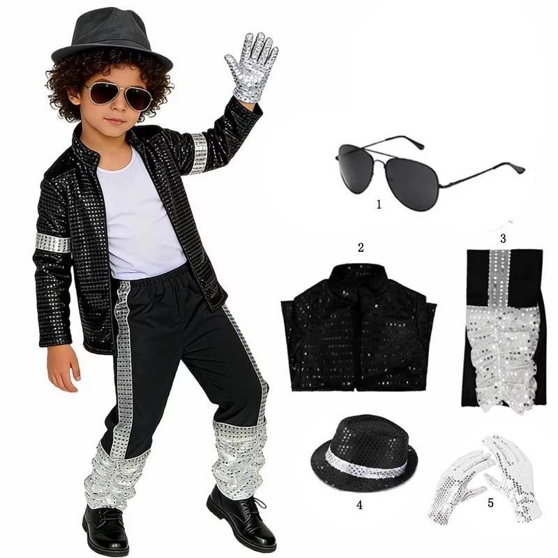 Jongens Retro Popster Optrekpak Zwart Zilver Pailletten Kleding Volledige Set Kinderen Halloween Maskerade Hip Hop Feestkostuum M (120)