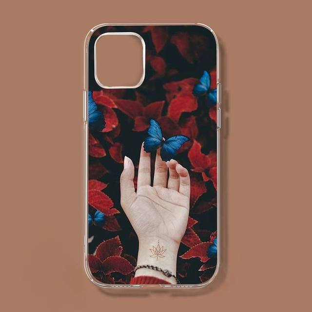 Červený motýl na bílých růžích květinový kryt na telefon pro iPhone 11 12 13 Mini Pro Xs Max 8 7 6 6s Plus X 5s Se 2020 Xr