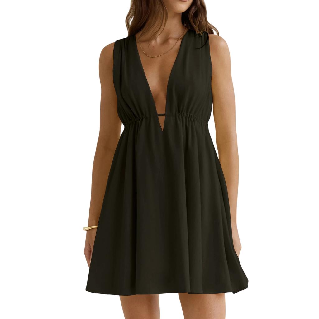 Women's Sleeveless Dress V Neck Waist Cinched Backless Tie Detail Casual Summer Mini Dress