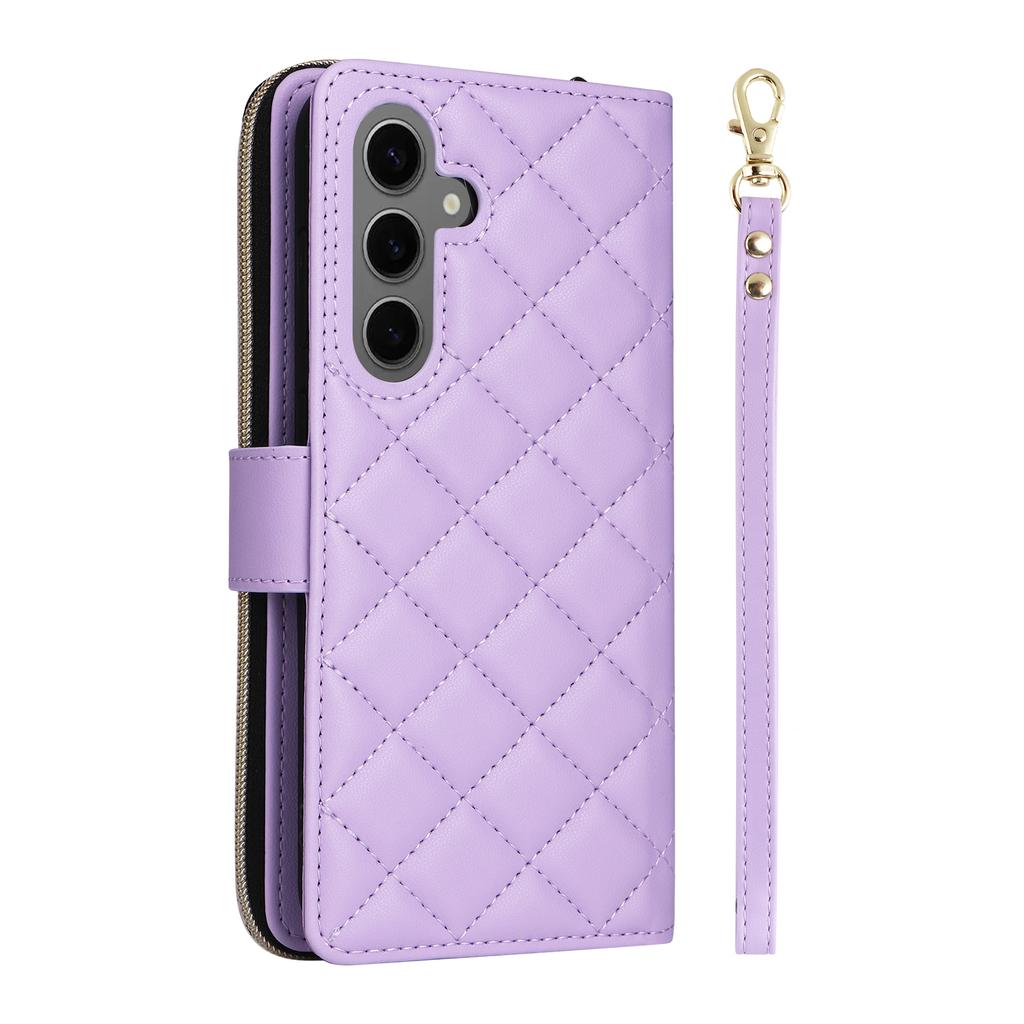For Samsung Galaxy S24 Phone Case Leather Flip Cover with Rhombus Zipper Pocket