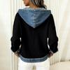Damen Karo Denim Kapuzenpullover Patchwork Denim Pullover Langarm für Damen