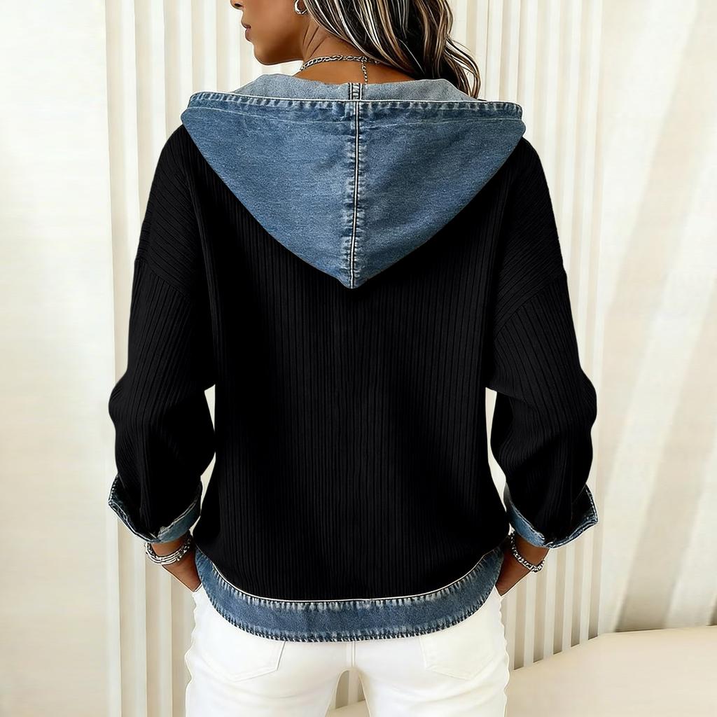Damen Karo Denim Kapuzenpullover Patchwork Denim Pullover Langarm für Damen