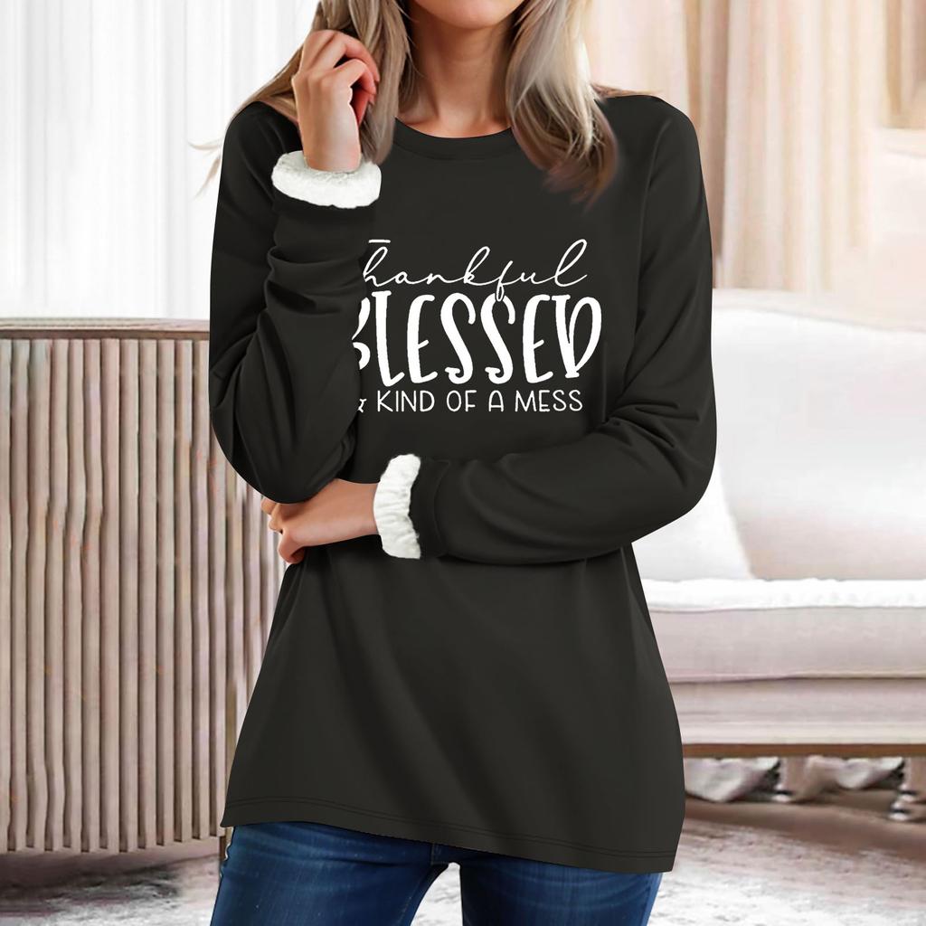 Kadın Yuvarlak Yaka Üst Harf Baskılı Kalınlaştırılmış Peluş Kaşmir Sıcak Uzun Üst