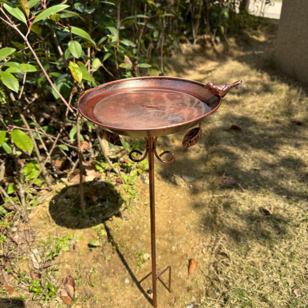 Bird Bath Stand Copper Toned Feeder Bowl Iron art Garden Stake