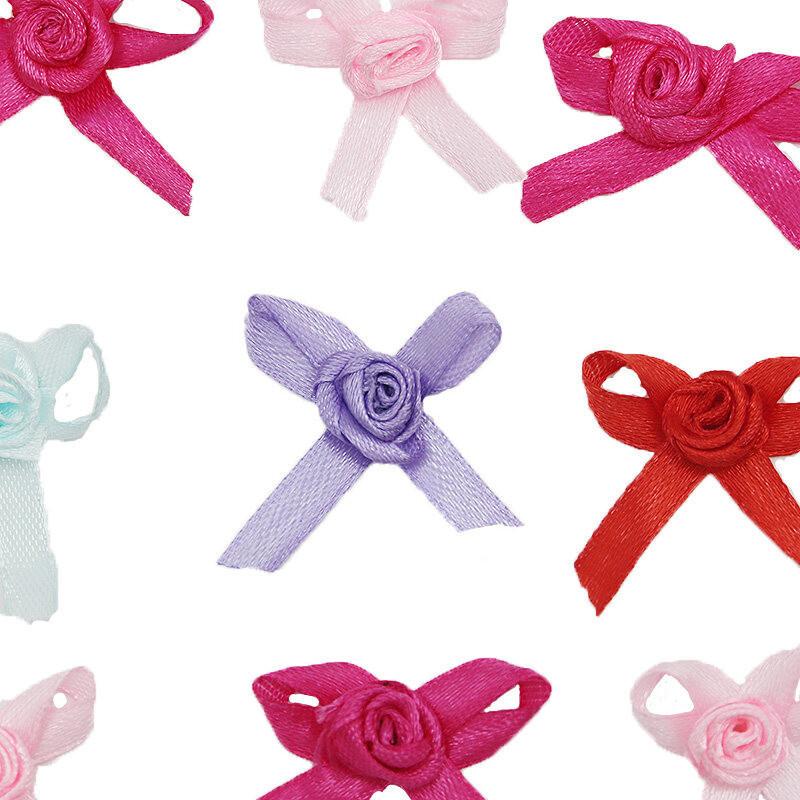 (50pcs/bag) 3.5*4cm Rose Polyester Handmade Single Face Stain Bows for Christmas Gift Wrap Solid Color Hair Accessory Bows