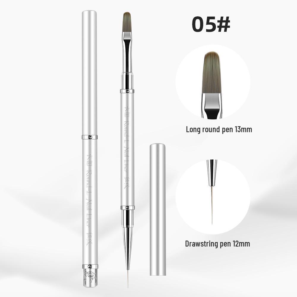 Dual-Ended Nail Art Brush Set: Long Builder & Round Gel Polish Pen with Liner Brush for Shaping and Application.
