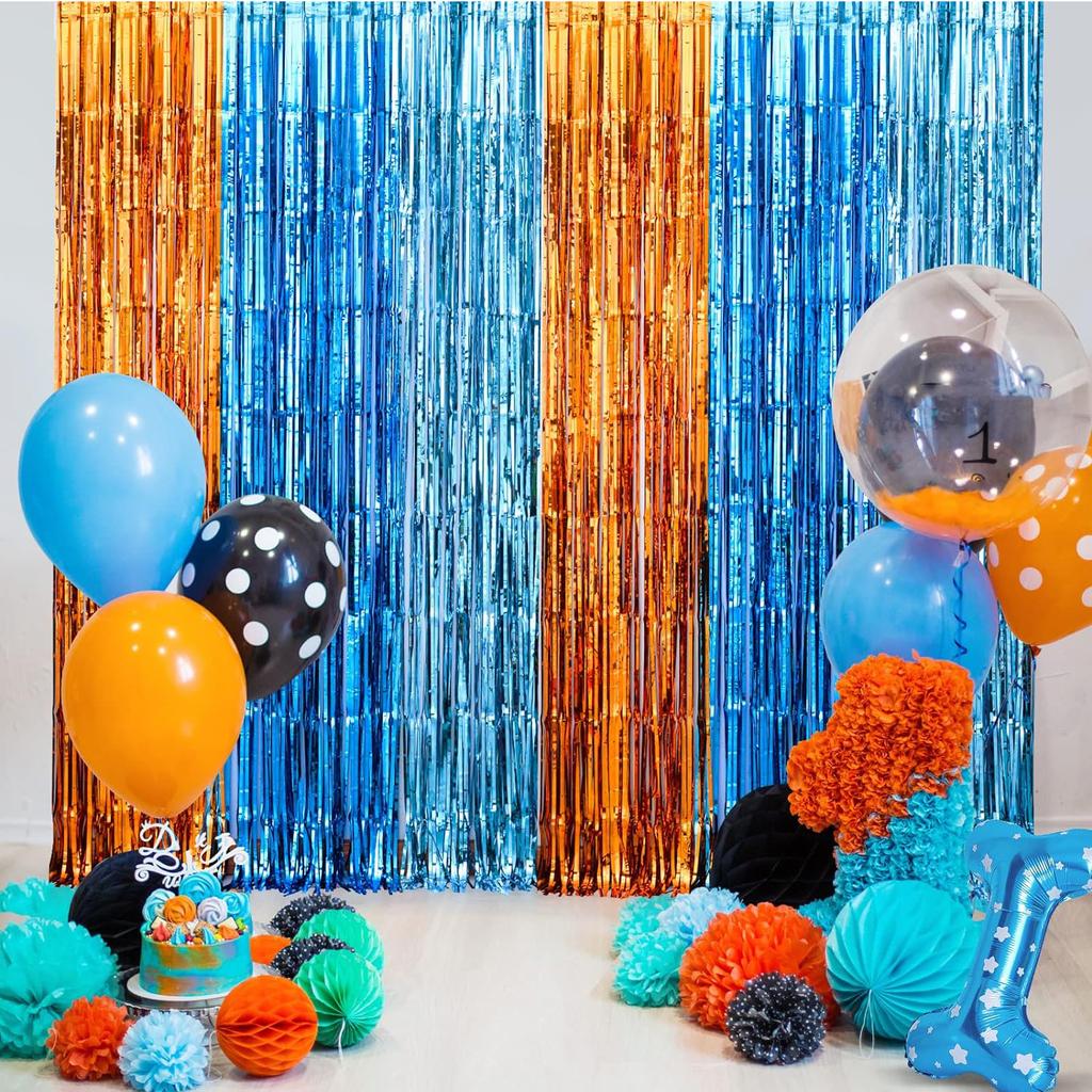 2Pack Blue Dog Foil Fringe Curtains Birthday Party Supplies 3.3x6.6ft Orange Blue Light Blue Tinsel Photo Booth Party Decoration