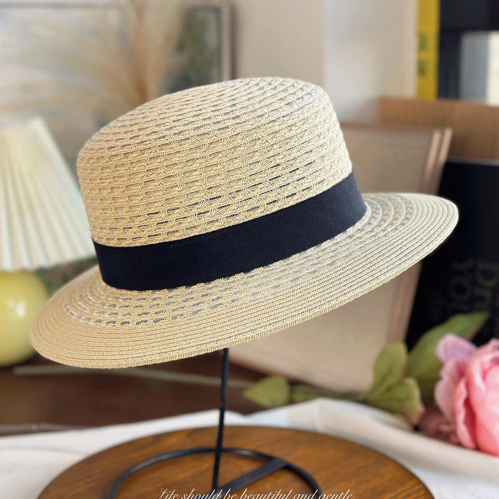 Spring and Summer New Products, Hand-woven Hollow Short Brim Neutral Wind Top Hat, Vacation Travel Shading Straw Beach Hat, Flat Top Hat