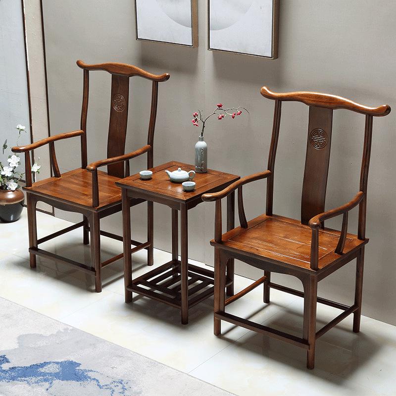 Solid Wood Chinese Style Round Chair Set: 3-Piece with Backrest and Tea Table, Antique Design for Balcony or Leisure.