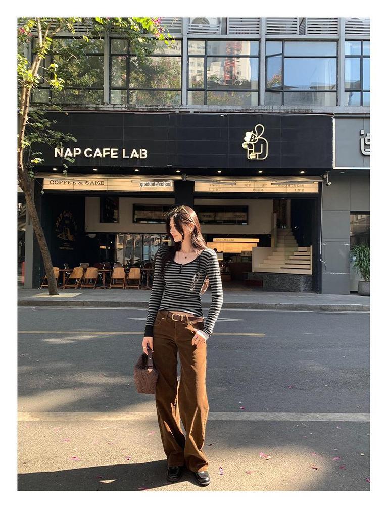 Spicy Girl Retro Stripe Slimming Long Sleeve Base Shirt - Women's Spring/Autumn Korean Style