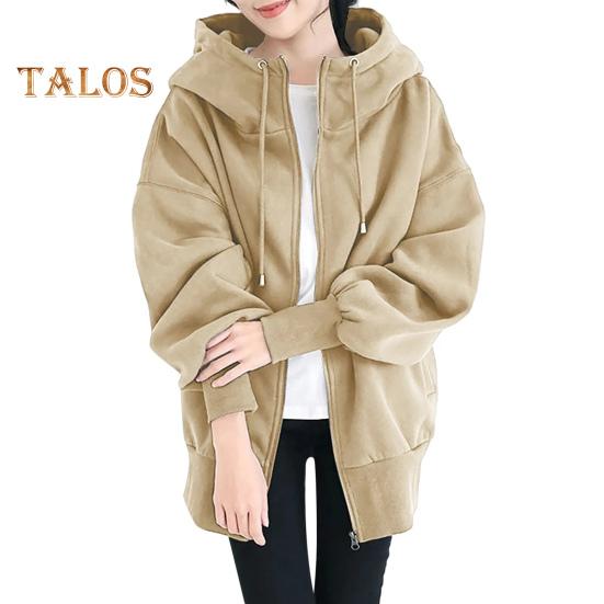 Women Thick Coat for Autumn Winter Warmth Solid Color Mid Length Fleece Jacket with Pockets Loose Zipper Hooded Coat for Daily Wear