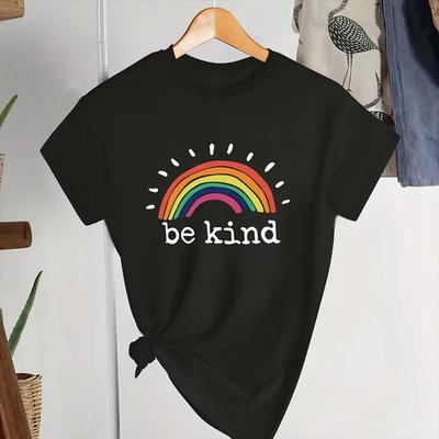 Plus Size 'Be Kind' Letter Print Short Sleeve T-shirt, Women's Plus Slight Stretch Round Neck Casual Tee