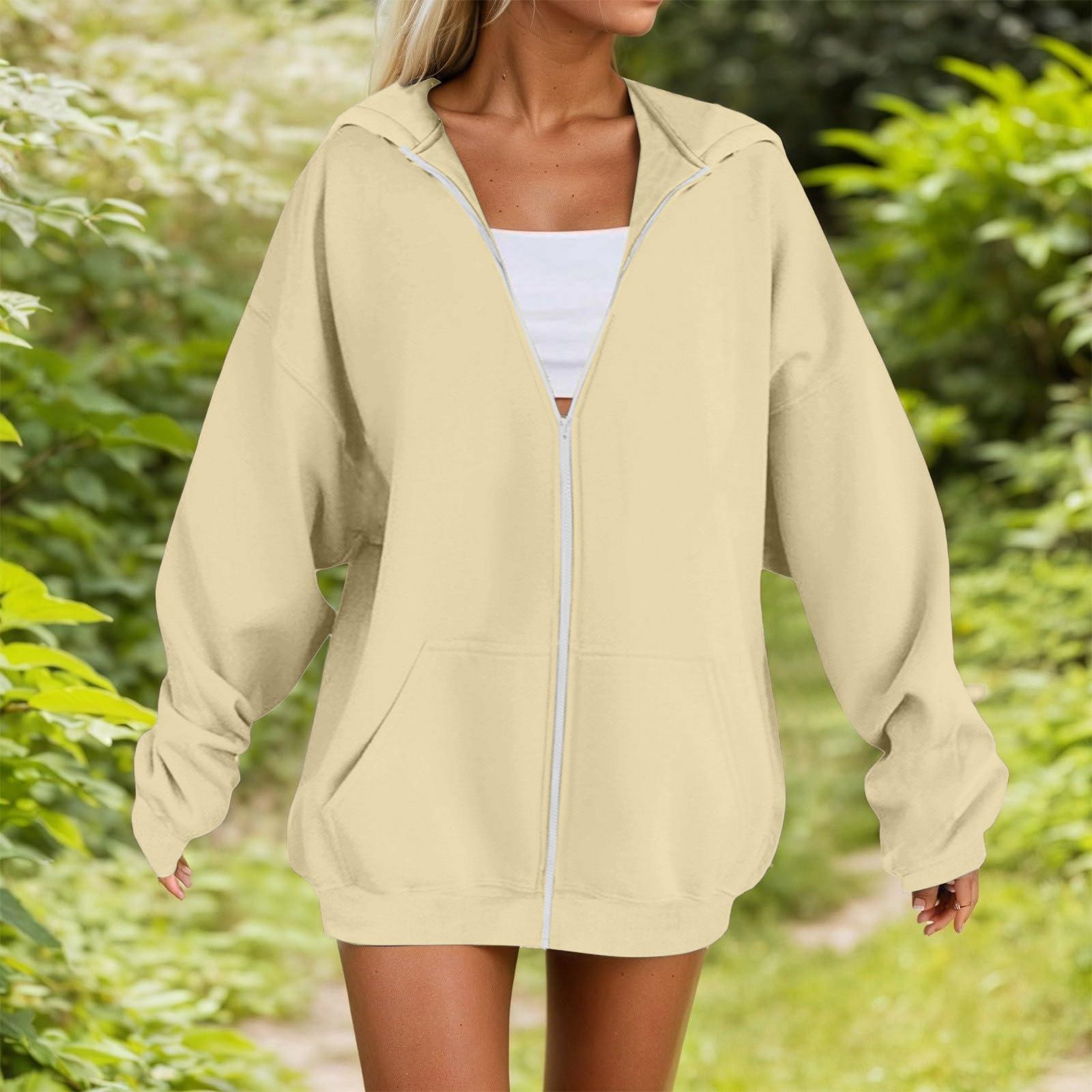 

Женская мода Повседневные толстовки с капюшоном и длинным рукавом однотонные топы L бежевый