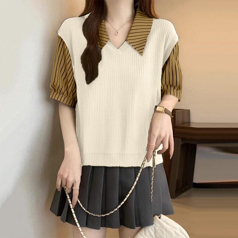 ZANZEA Women Casual Turn Down Collar Stripe Patchwork Half Sleeve Blouse