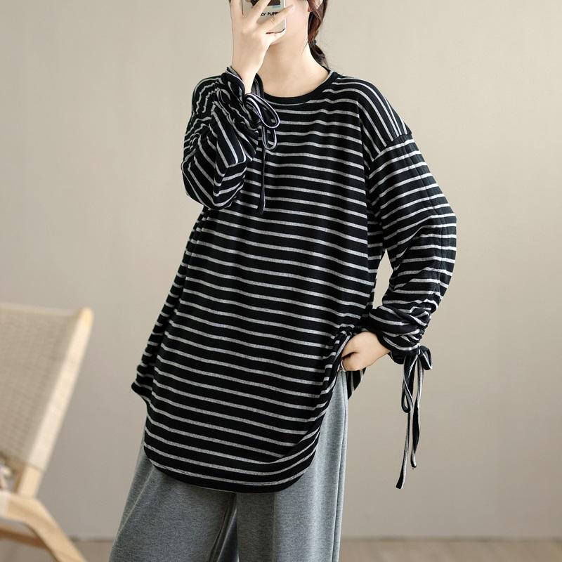 long sleeve oversized Knitted vintage stripe Casual loose spring autumn t shirt tops Women t-shirt