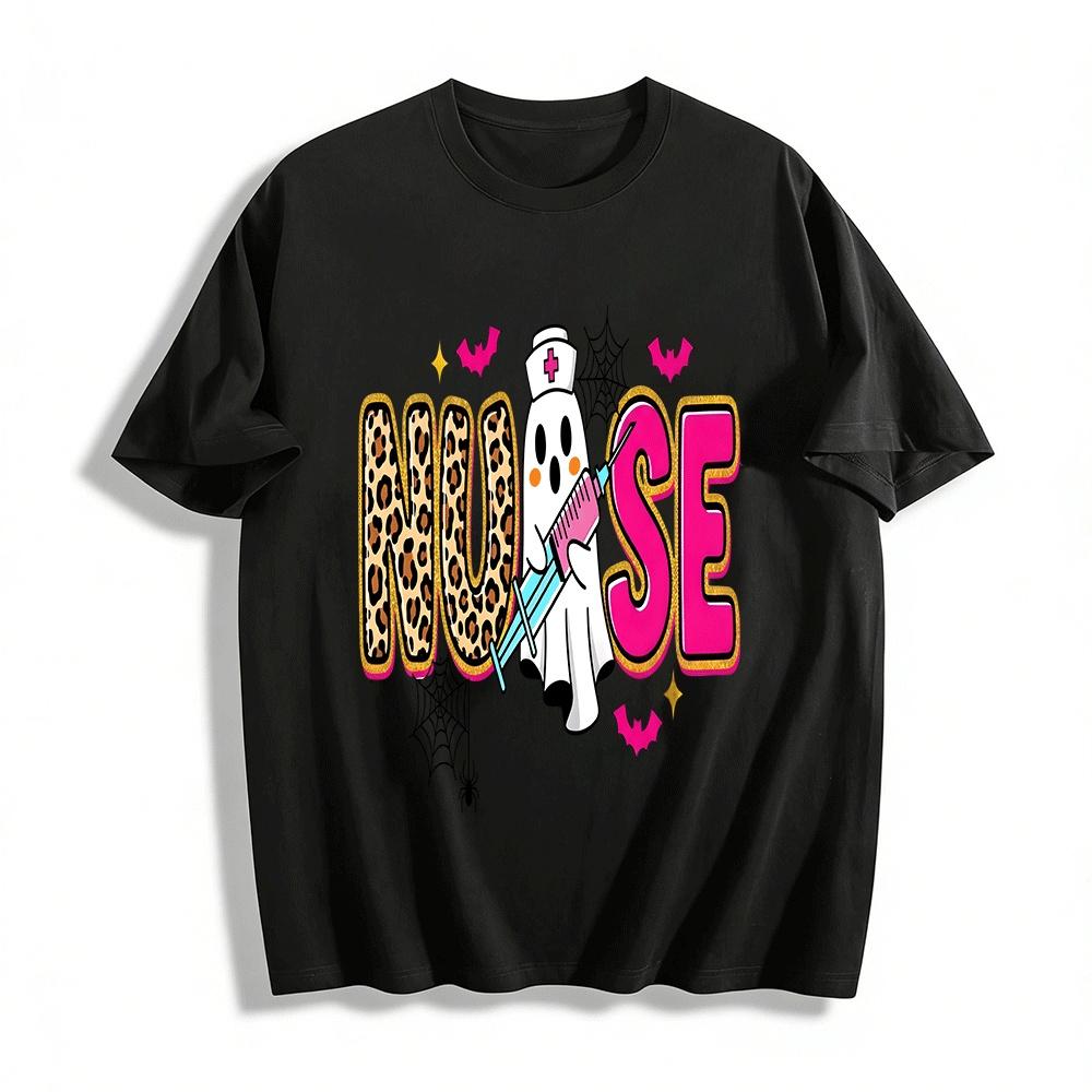 Halloween Ghost Nurse Print Top Fun Festival Vibe Medical Casual T-Shirt Pure cotton T-shirt XXS