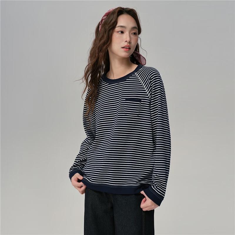 Giordano Women's Retro Striped Loose-Fit Long-Sleeve T-Shirt