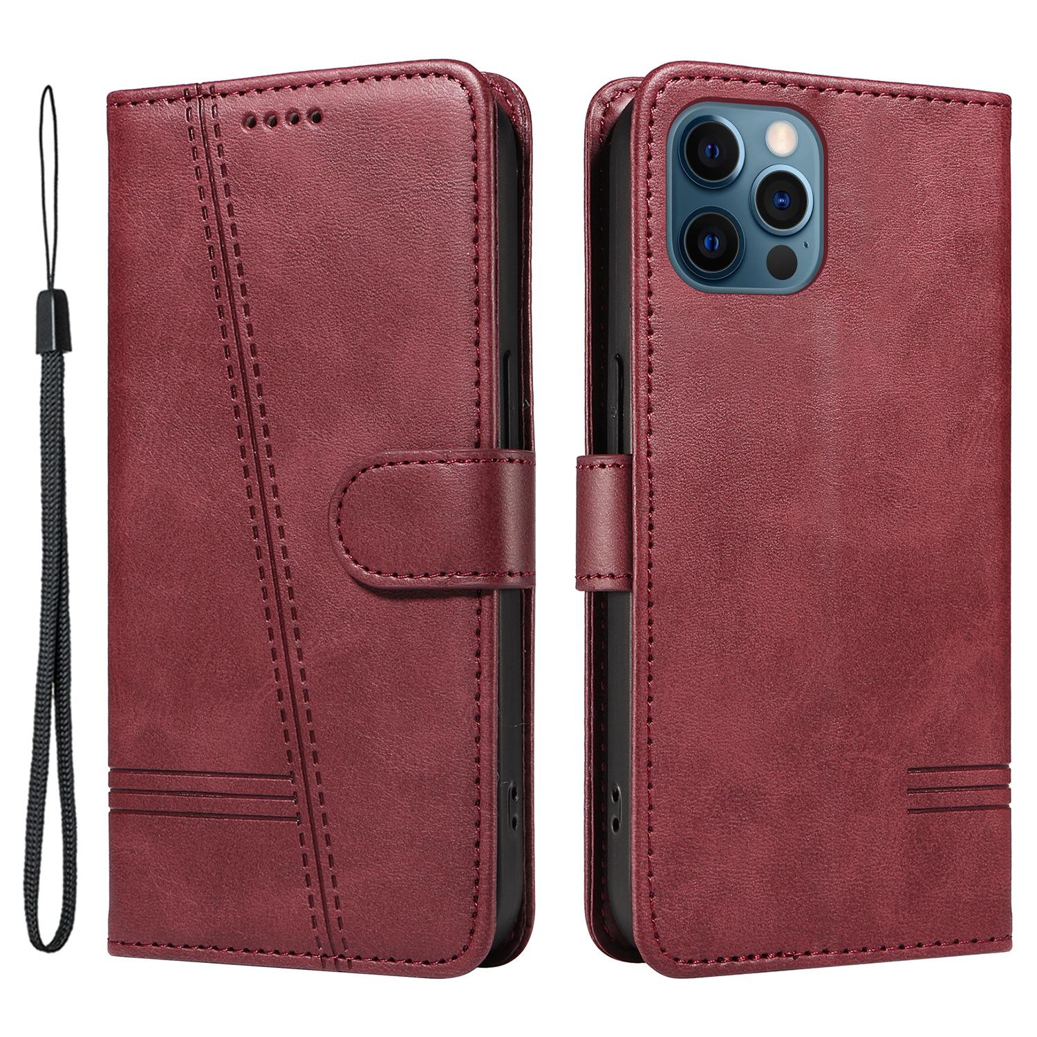 

For iPhone 12/12 Pro Anti-Scratch Phone Case Imprinted Line PU Leather Cover Wallet with Wrist Strap F