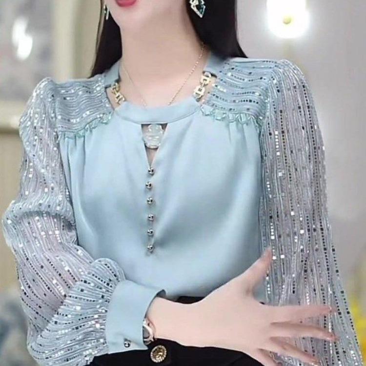 Fashionable French Style Shiny Long-sleeved Shirt for Women with  Light Luxury