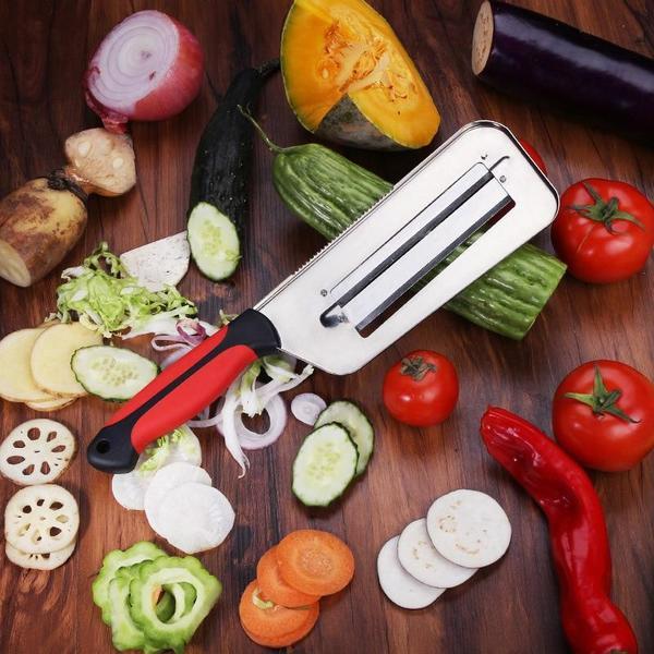 Double 2 Slice Blade Slice Slice Knife სამზარეულო თევზის სასწორის გამწმენდი დანები კომბოსტო კიტრი ხახვის საჭრელი გამწმენდი ბოსტნეულის საჭრელი