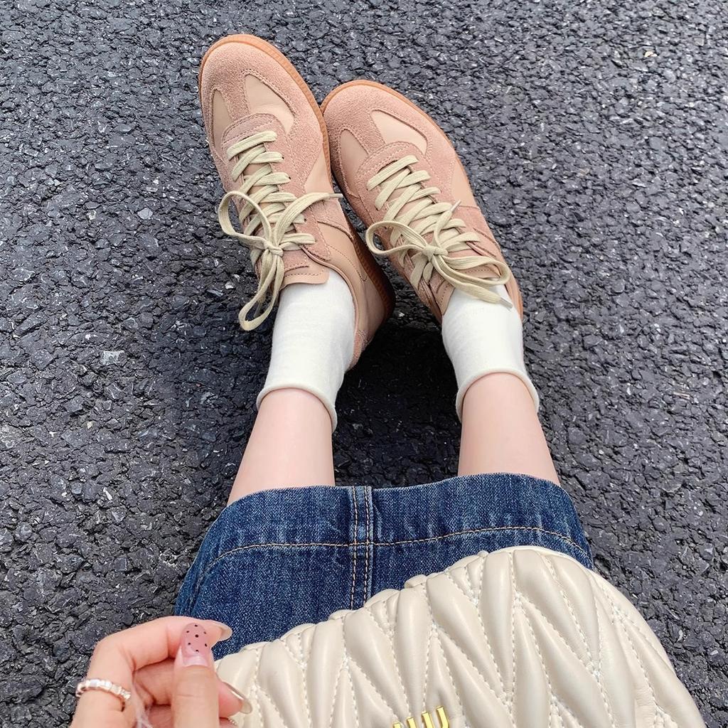 Korean soft sole color matching round head lace-up thick baseplate shoes 2025 new thin sports leisure moral training shoes women's spring and autumn