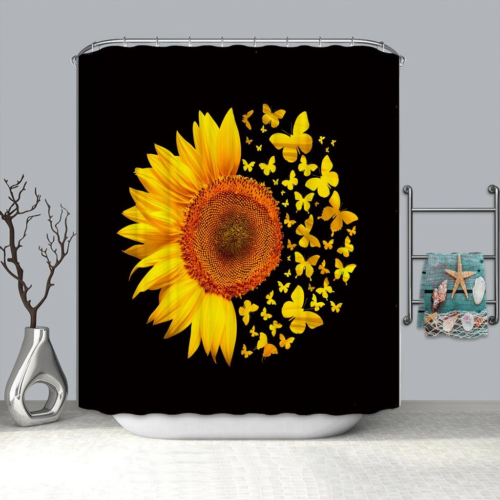 Sunflower Butterflies Shower Curtain for Bathroom Decor, Black and Yellow Bath Accessories, Waterproof Polyester with Hook