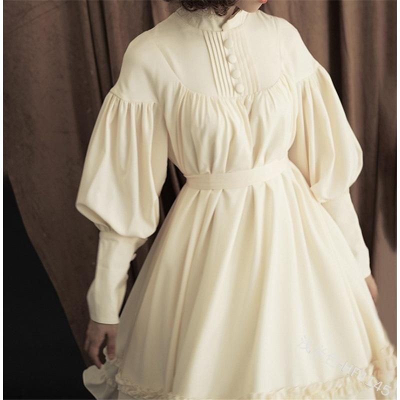 Women's loose standing lace long sleeve button cos clothing solid color sweet lantern sleeve knee-length dress