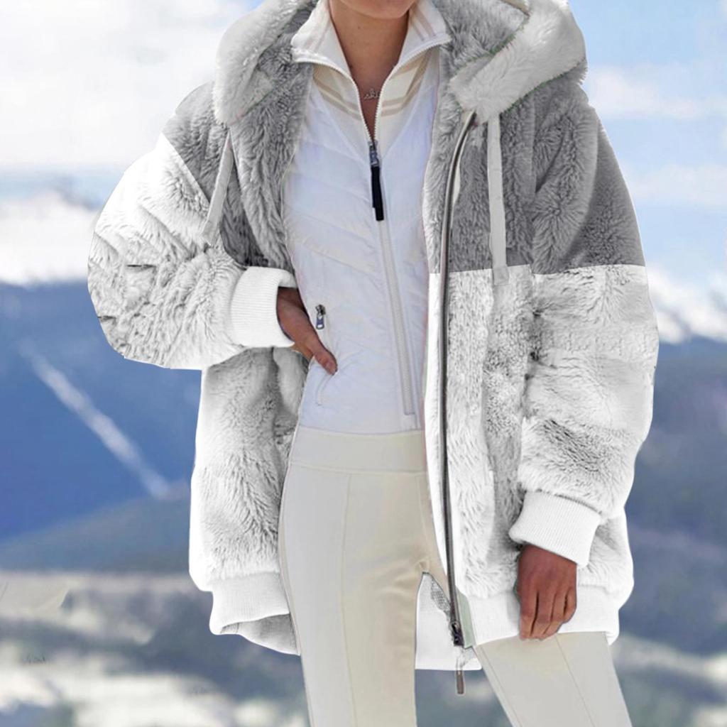 Jesień/Zima 2025 Damska Ciepła Pluszowa Patchworkowa Kurtka z Kapturem, Zapinana na Zamek i z Kieszeniami