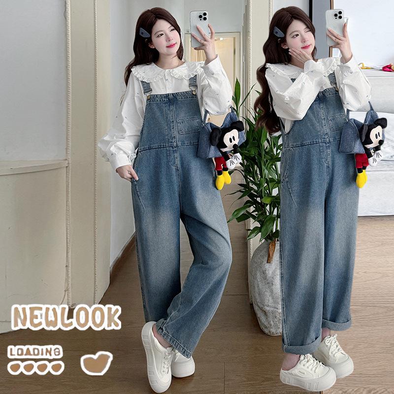 Spring 2026 Maternity Loose Denim Overalls with Doll Collar Shirt - Korean Style M [45-57.5kg]