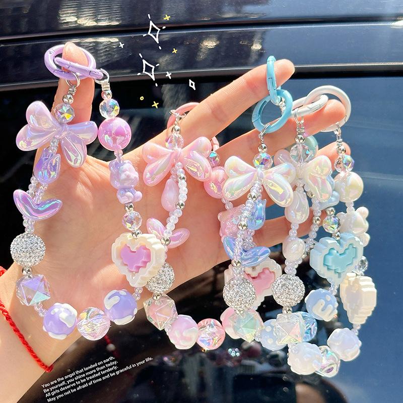 New Creative Fairy Beaded Colorful  Phone Wrist Strap Lego Heart Keychain Accessory Bag Charm Decoration Pendant Ornament